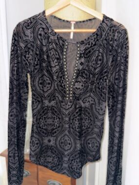 Free People Black Velvet Burnout Long Sleeve Top with Studded Keyhole